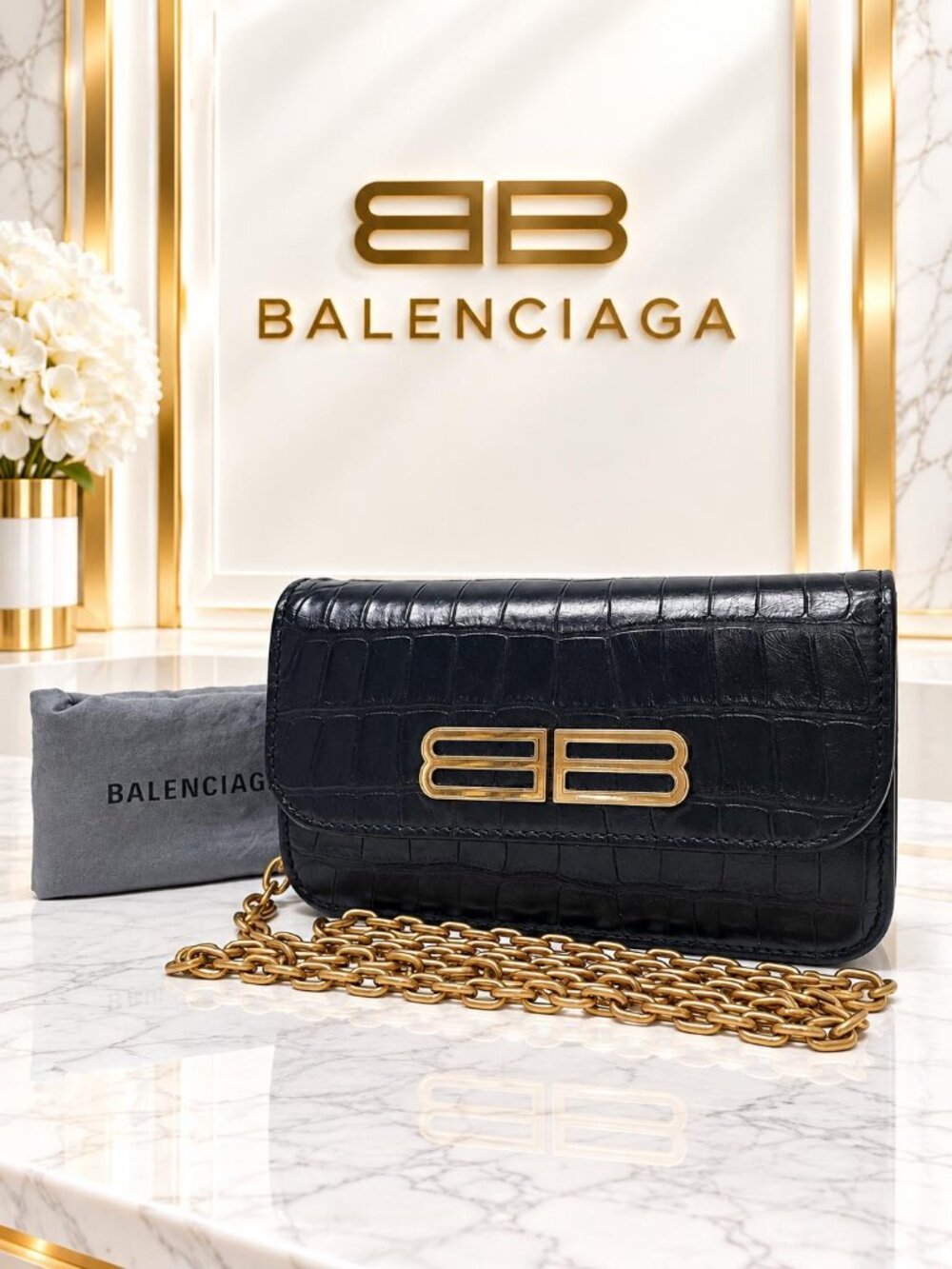 Authentic Balenciaga BB Black Croc Embossed Leather Chain Wallet Crossbody Bag